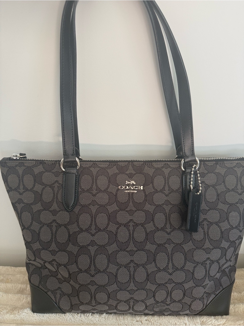 Coach Signature Jacquard Tote in Charcoal and Black